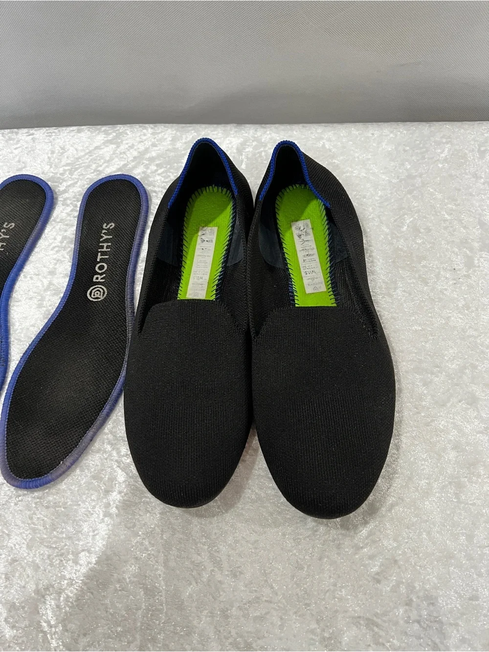 Rothy’s The Loafer Flats Black/Blue Detail Size 11.5 Knit Stretchy Slip-On Comfy